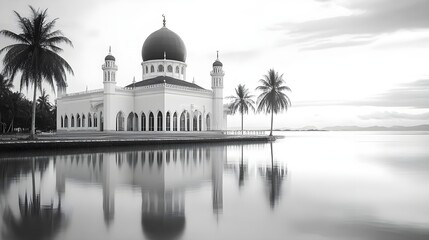 Obraz premium Black and White Image of a Mosque with Reflections and Palm Trees