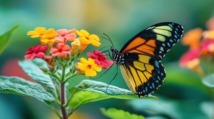 Fototapeta premium A tropical butterfly resting on a vibrant flower