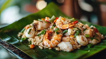 A tropical seafood dish served on a banana leaf