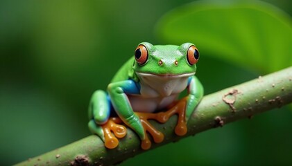 Naklejka premium Green tree frog perched on white, vibrant color , leap, tropical, nature