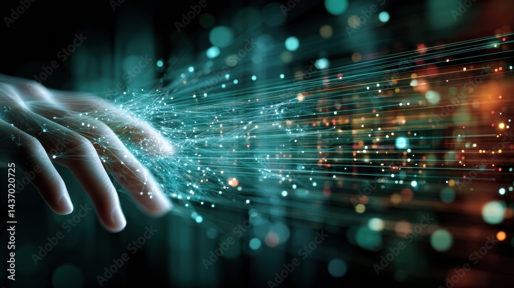 Poster Floating Holographic Code Emanates From a Hand in a Futuristic Cyberspace Environment Showcasing Advanced Technology and Digital Interaction