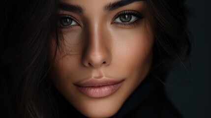 Fototapeta premium Close-up portrait of a woman with striking green eyes and dark hair