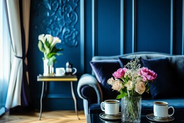 Modern living room interior with navy blue accent wall, herringbone flooring and elegant sofa complemented by curated home decor accessories.

