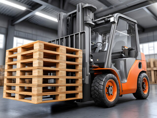 Modern Orange Forklift Transporting Wooden Pallets in a Spacious Warehouse
