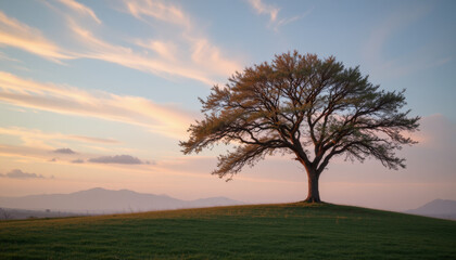 Naklejka premium Solitary tree stands majestically grassy hill, silhouetted against colorful sky sunset. scene evokes sense of tranquility and natural beauty, with soft clouds and distant mountains enhancing