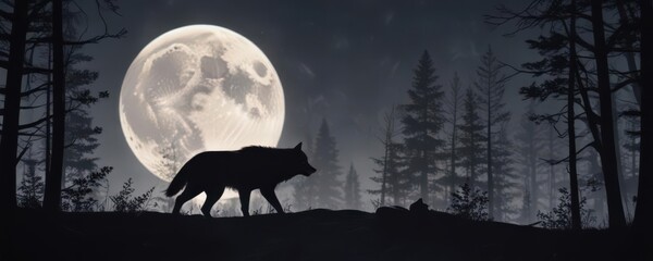 Silhouetted wolf, full moon backdrop, dense forest run ,  wildlife,  mystical