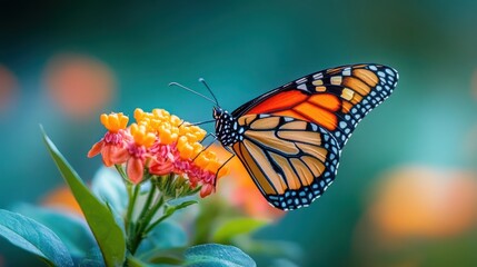 Fototapeta premium Monarch butterfly gracefully perched on bright flowers, showcasing vibrant hues
