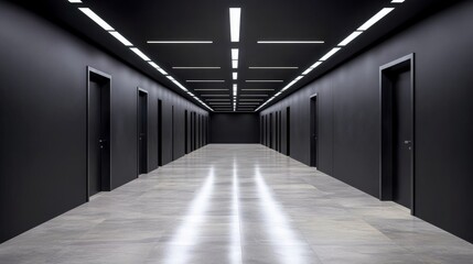 Elegant Modern Corridor with Black Walls and Grey Tiles on black background