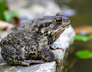 Obraz premium Big Fat Frog Sitting on a Rock Watching Activity in a Nearby Pond