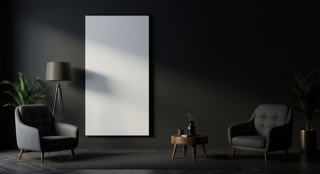 Immerse yourself sophisticated living room professional business scene rendered deep moody dark colors black gray showcasing elegant empty wall mockup subtly painted complemented premium armchairs