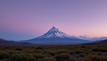 Fototapeta premium Majestic mountain rises against pastel sky, showcasing its snow capped peak and surrounding lush vegetation. serene landscape evokes sense of tranquility and awe