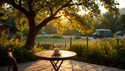 Tranquil scene captures wooden table set under leafy tree, with steaming cup of coffee resting on it. warm sunlight filters through branches, creating peaceful atmosphere