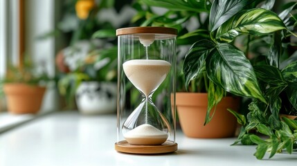 Hourglass and greenery peaceful time management concept