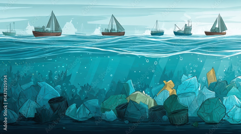 Aufkleber floating garbage islands in the ocean reveal the impact of pollution on marine ecosystems and shippi