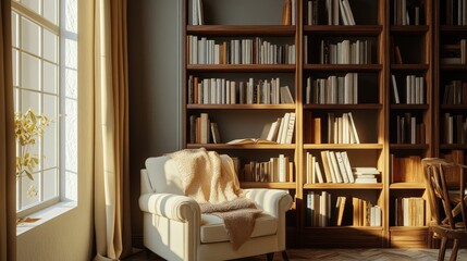 Cozy reading nook with gray walls, cream armchair, and oak bookcase