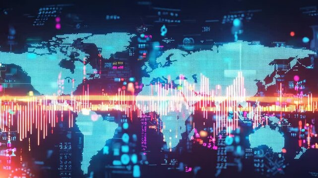 Glowing world map with digital data visualization and colorful soundwave