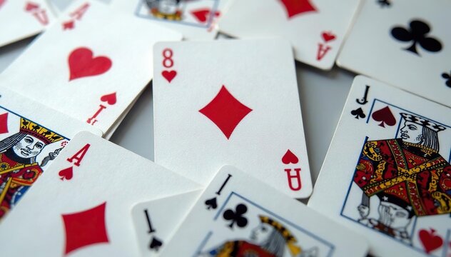 Playing cards arranged in a neat ace high pattern , queen, cards, three