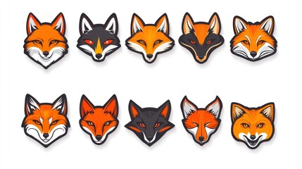 Ten fox head illustrations; white background; website design