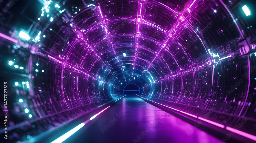 Poster visualizing cloud computing and decentralized systems in a futuristic tunnel environment