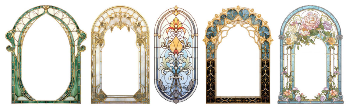 PNG Elegant stained glass window designs, element set on transparent background