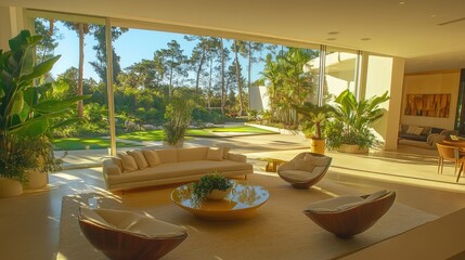 Fototapeta premium Open floor living room with green plants and a wall of windows to a landscaped garden