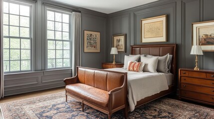 Refined bedroom with gray walls, mahogany furniture, and brown leather bed