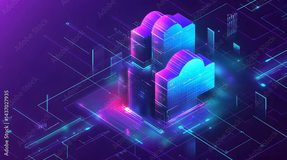Poster visualizing cloud computing and decentralized systems in a digital environment