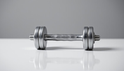 Obraz premium Silver dumbbell rests on clean, white surface, showcasing its sleek design and textured grip. This captures essence of fitness and strength training, evoking motivation and determination