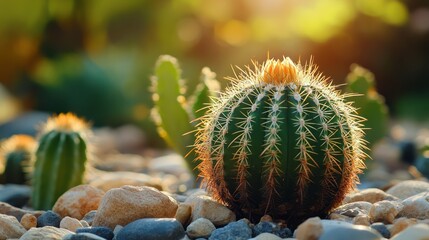 Golden hour illuminates a spherical cactus nestled among desert pebbles