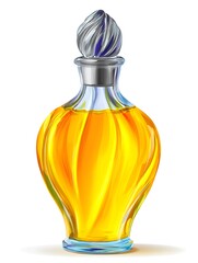 A glass bottle with a silver top filled with a golden liquid