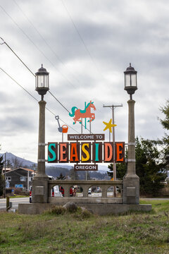 Seaside Oregon USA March 7 2025 - Sign welcoming travelers on hwy 1 to town