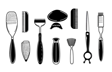  - Barber shop logo design vector set, "barbershop," flat black and white icon collection with barber hat, scissors, clippers, straight razor, transparent background png