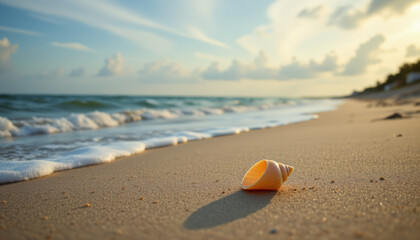 Obraz premium Serene minimalist composition featuring seashell on sandy beach, with gentle waves lapping at shore under beautiful sky. scene evokes tranquility and natural beauty