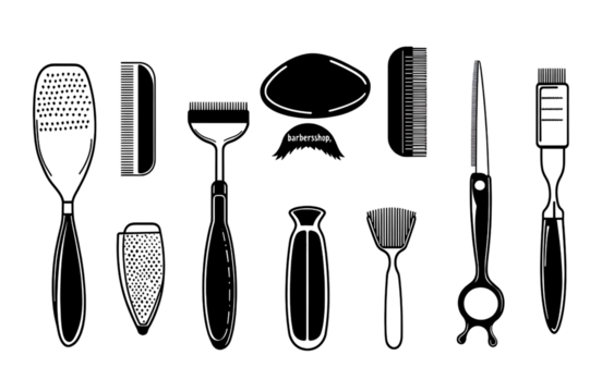  - Barber shop logo design vector set, "barbershop," flat black and white icon collection with barber hat, scissors, clippers, straight razor, transparent background png