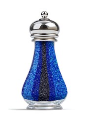 A blue and silver salt and pepper shaker with a glass body and a metallic top