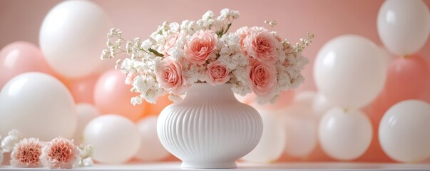 Delicate floral arrangement in a white vase, surrounded by pastel balloons