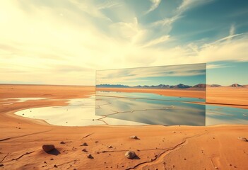 Obraz premium Giant mirror reflects desolate desert landscape, vast and empty, nature, desert