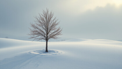 Fototapeta premium Solitary tree stands gracefully in snowy landscape, surrounded by soft, undulating hills of white snow under serene, cloudy sky. tranquil scene evokes sense of peace and solitude