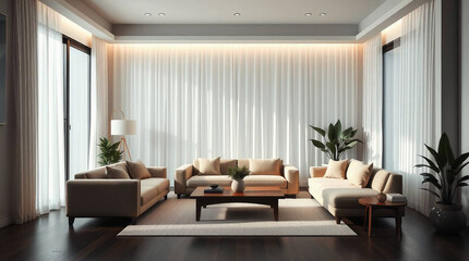 "Modern Luxury Living Room with High Contrast Low-Key Lighting and Smooth Gradient Transitions"

