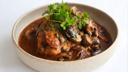 Classic French Coq au Vin Dish with Tender Chicken and Rich Mushroom Sauce Garnished with Fresh Herbs