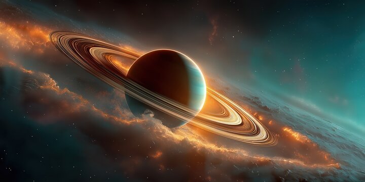 Vivid cosmic scene, swirling gas and dust surrounding a planet with rings, deep space exploration theme, ideal for science fiction. - Powered by Adobe