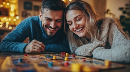 Joyful couple immersed in lighthearted game night with board game at home