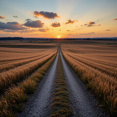 Naklejka premium Serene twilight setting featuring dirt road leading through golden fields under colorful sunset sky, evoking sense of peace and tranquility