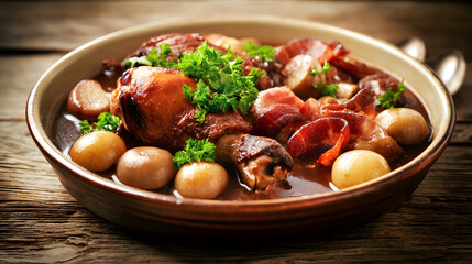 Hearty Bowl of Traditional Coq au Vin with Tender Chicken, Bacon, Mushrooms, and Fresh Herbs