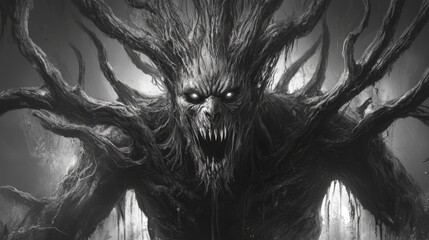 Monstrous Tree Spirit, Dark Art on black background