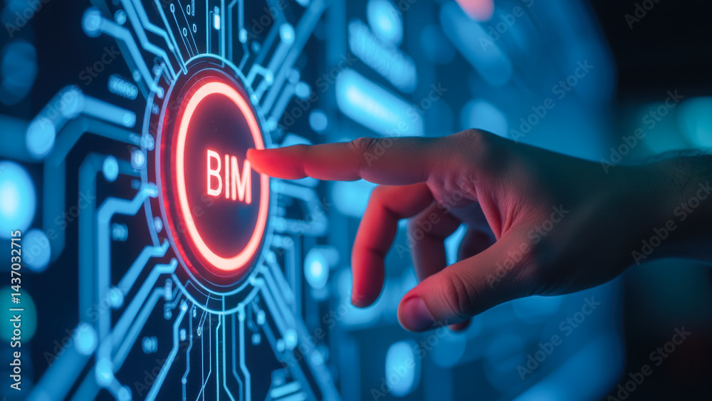 Poster hand touching digital button for building information modeling concept in tech background