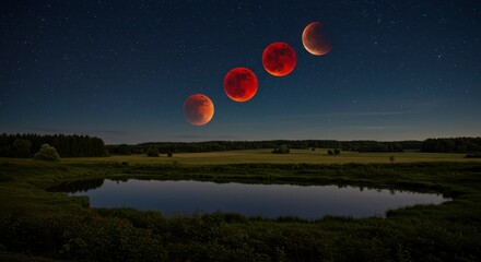 Obraz premium Lunar eclipse sequence over a tranquil lake