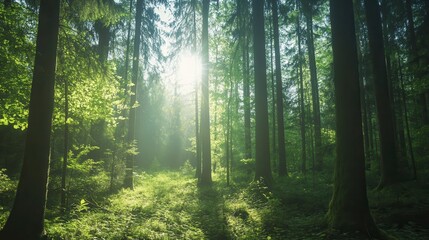 Obraz premium Sunbeams illuminate a lush, green forest with tall trees and mossy undergrowth.