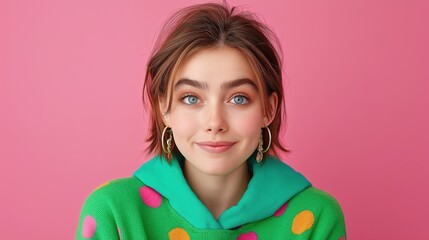 Young woman with blue eyes and short reddish-brown hair smiling in a green polka dot sweater