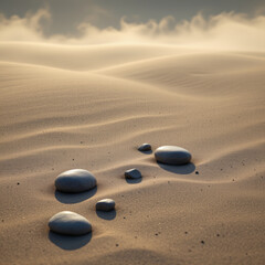 Obraz premium Tranquil scene features smooth stones scattered across soft, sandy surface, illuminated by gentle light. serene atmosphere evokes sense of calm and peace